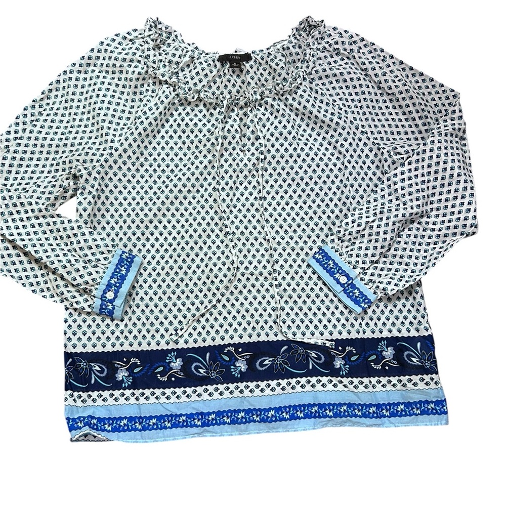 J. Crew Floral Tunic Top Ruffle Neck Womens Small Peasant Boho Blue Geometric